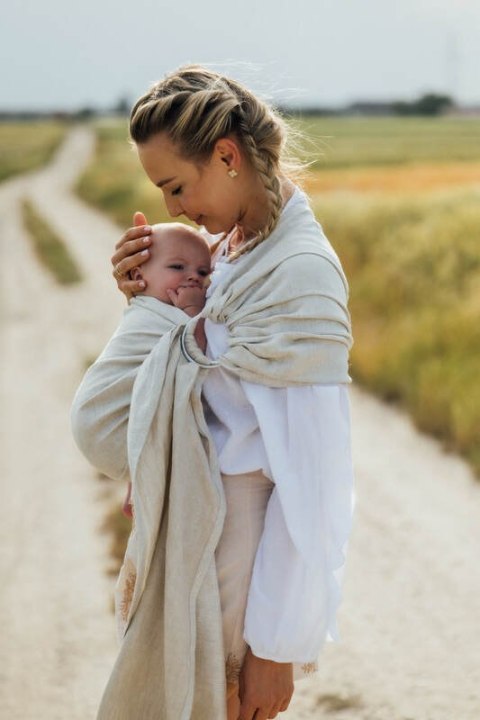 Chusta kółkowa do noszenia dzieci, splot chevron, 100% len, ramię bez zakładek - ARROW - WHISPER - standard 1.8m