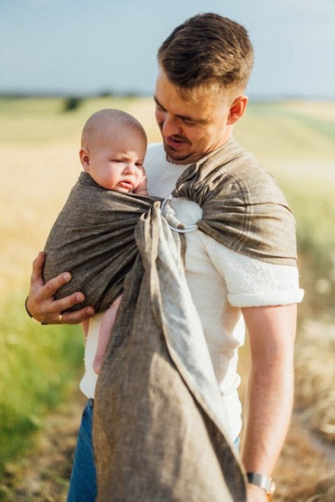 Chusta kółkowa do noszenia dzieci, splot chevron, 100% len, ramię bez zakładek - ARROW - WOOD - standard 1.8m