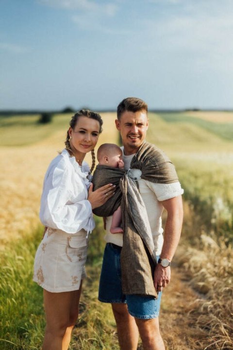 Chusta kółkowa do noszenia dzieci, splot chevron, 100% len, ramię bez zakładek - ARROW - WOOD - standard 1.8m