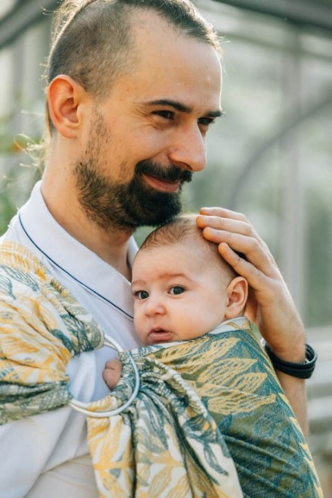 Żakardowa chusta kółkowa do noszenia dzieci, (100% bawełna), ramię bez zakładek - RAINFOREST - SELVA - standard 1.8m
