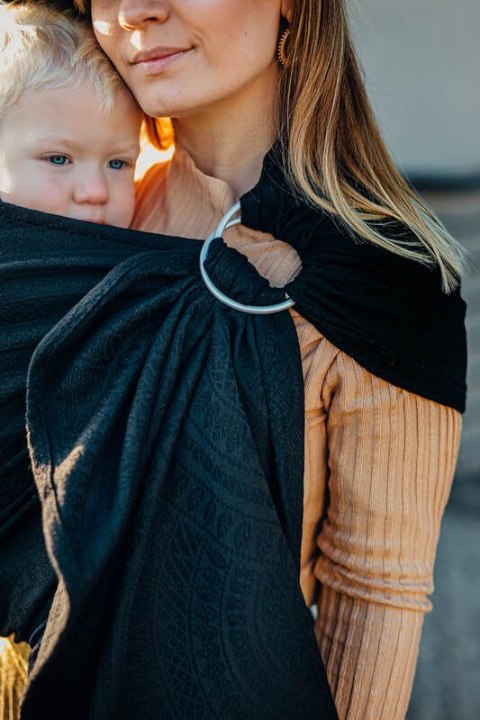 Żakardowa chusta kółkowa do noszenia dzieci, 59% bawełna, 41% wełna merino, ramię bez zakładek - PAWI OGON - PITCH BLACK - stan