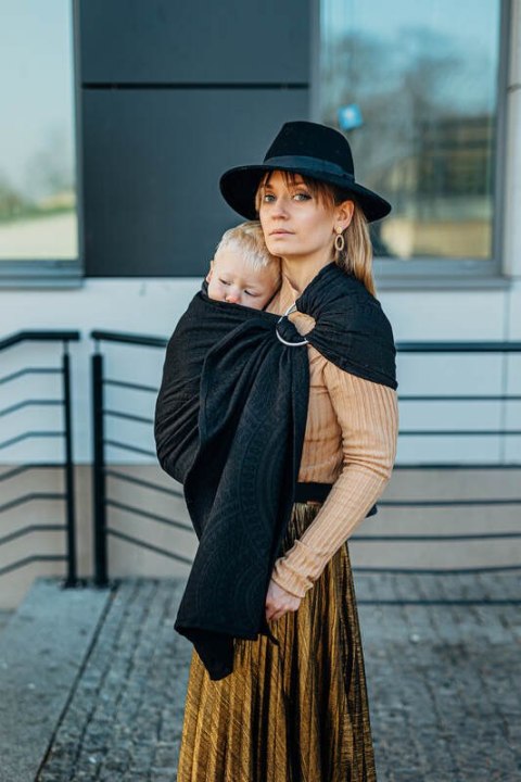 Żakardowa chusta kółkowa do noszenia dzieci, 59% bawełna, 41% wełna merino, ramię bez zakładek - PAWI OGON - PITCH BLACK - stan