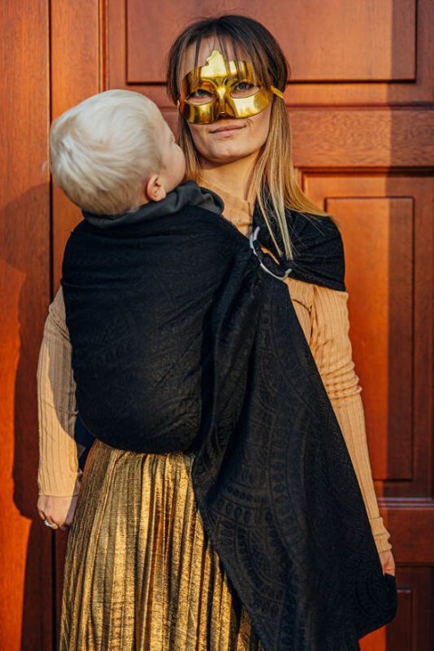 Żakardowa chusta kółkowa do noszenia dzieci, 59% bawełna, 41% wełna merino, ramię bez zakładek - PAWI OGON - PITCH BLACK - stan