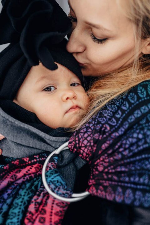 Żakardowa chusta kółkowa do noszenia dzieci, 60% bawełna, 28% wełna merino, 8% jedwab, 4% kaszmir, ramię bez zakładek - PAWI OGO