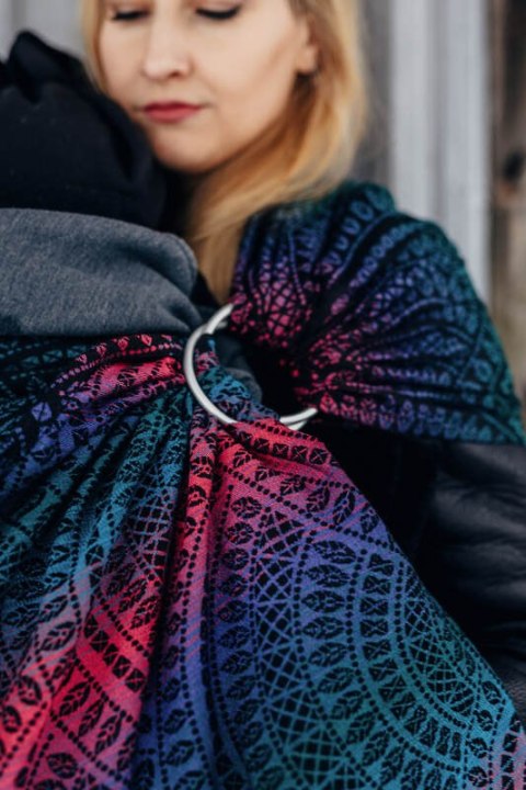 Żakardowa chusta kółkowa do noszenia dzieci, 60% bawełna, 28% wełna merino, 8% jedwab, 4% kaszmir, ramię bez zakładek - PAWI OGO