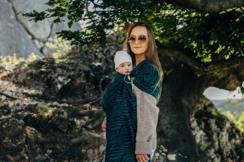 Żakardowa chusta kółkowa do noszenia dzieci (63% bawełna, 37% wełna merino), ramię bez zakładek - ZEBRA - SAVANNA - standard 1.8