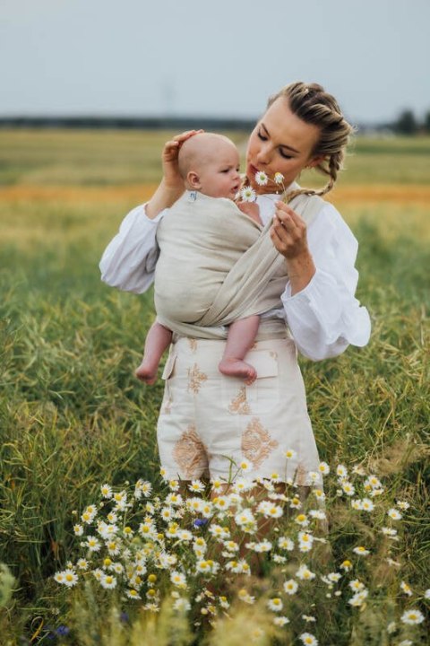 Chusta do noszenia dzieci, splot chevron, 100% len - ARROW - WHISPER - rozmiar XS