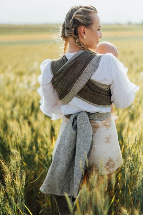 Chusta do noszenia dzieci, splot chevron, 100% len - ARROW - WOOD - rozmiar L