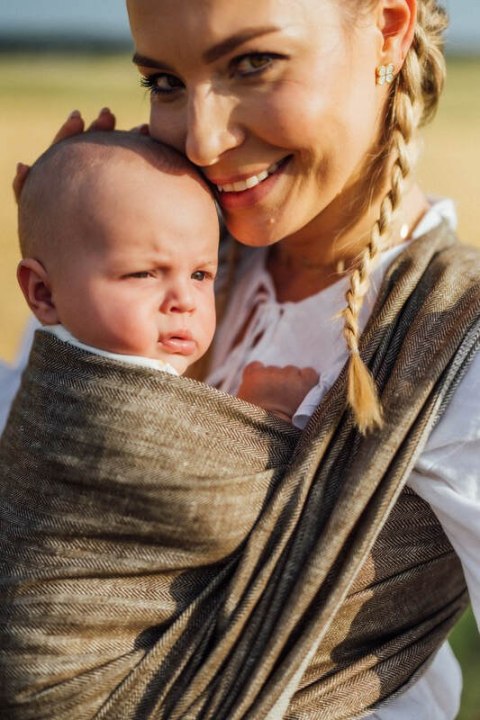 Chusta do noszenia dzieci, splot chevron, 100% len - ARROW - WOOD - rozmiar L