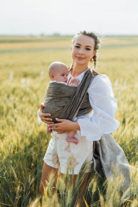 Chusta do noszenia dzieci, splot chevron, 100% len - ARROW - WOOD - rozmiar L