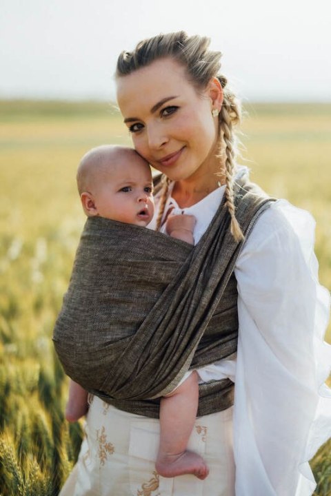 Chusta do noszenia dzieci, splot chevron, 100% len - ARROW - WOOD - rozmiar XL