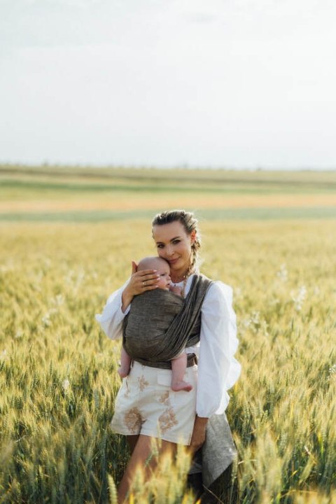 Chusta do noszenia dzieci, splot chevron, 100% len - ARROW - WOOD - rozmiar XL