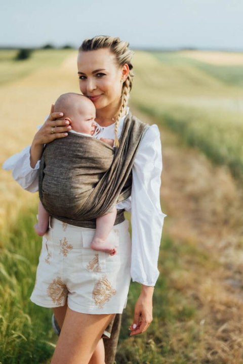 Chusta do noszenia dzieci, splot chevron, 100% len - ARROW - WOOD - rozmiar XL