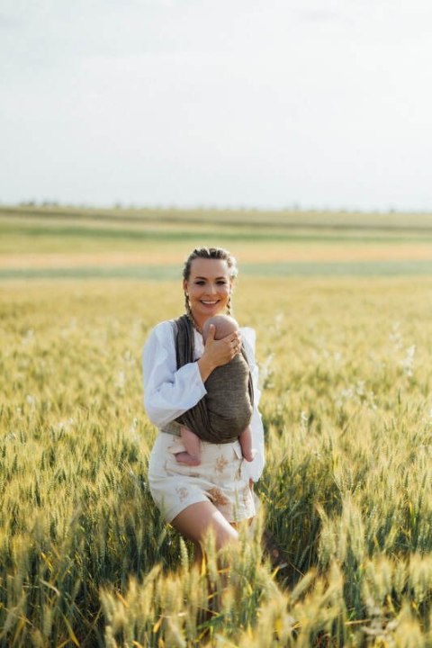 Chusta do noszenia dzieci, splot chevron, 100% len - ARROW - WOOD - rozmiar XS