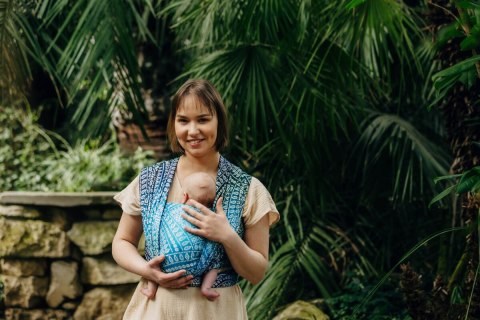 Żakardowa chusta do noszenia dzieci, 100% wiskoza bambusowa - PAWI OGON - SEA ANGEL - rozmiar XS