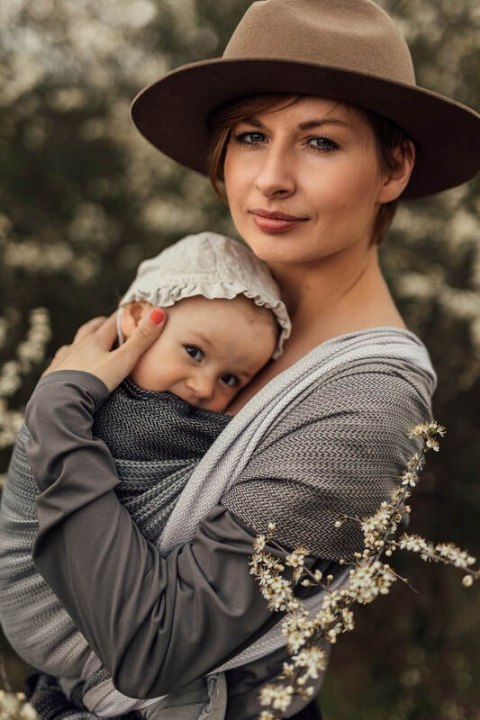 Chusta do noszenia dzieci, tkana splotem jodełkowym, bawełna - MAŁA JODEŁKA OMBRE RAGTIME - rozmiar L