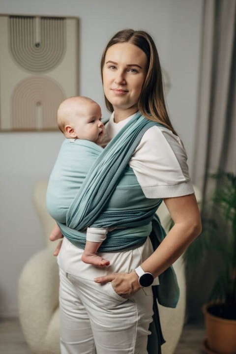 Moja pierwsza chusta do noszenia dzieci, tkana splotem jodełkowym, bawełna - MAŁA JODEŁKA BABY MINT - rozmiar M (drugi gatunek)