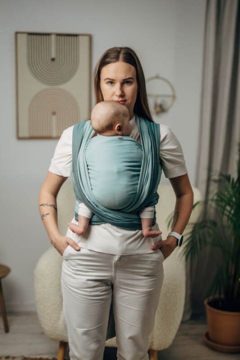 Moja pierwsza chusta do noszenia dzieci, tkana splotem jodełkowym, bawełna - MAŁA JODEŁKA BABY MINT - rozmiar M (drugi gatunek)
