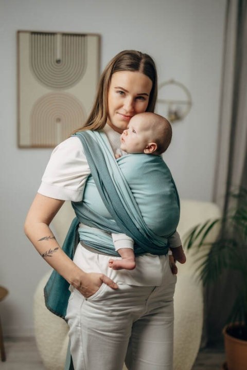 Moja pierwsza chusta do noszenia dzieci, tkana splotem jodełkowym, bawełna - MAŁA JODEŁKA BABY MINT - rozmiar M (drugi gatunek)