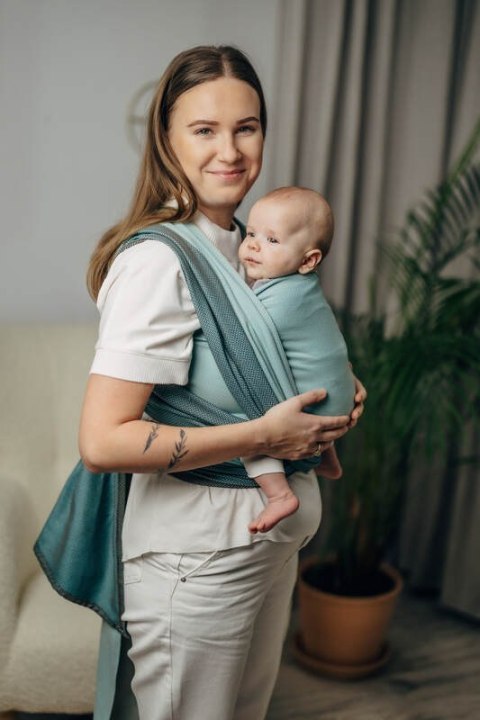 Moja pierwsza chusta do noszenia dzieci, tkana splotem jodełkowym, bawełna - MAŁA JODEŁKA BABY MINT - rozmiar M (drugi gatunek)