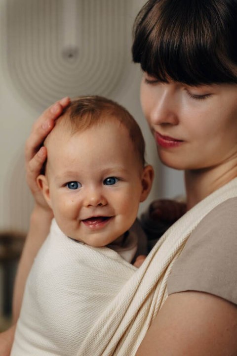 Chusta do noszenia dzieci, tkana splotem jodełkowym, bawełna - MAŁA JODEŁKA LUCE - rozmiar M