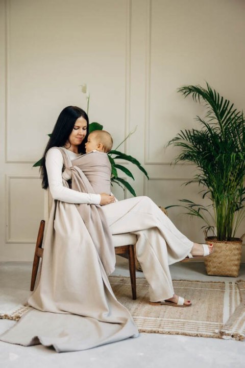 Chusta do noszenia dzieci, tkana splotem jodełkowym, bawełna - MAŁA JODEŁKA ALMOND - rozmiar XL