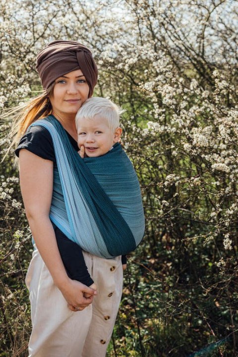 Chusta do noszenia dzieci, tkana splotem jodełkowym, bawełna - MAŁA JODEŁKA OMBRE BEBOP - rozmiar XS