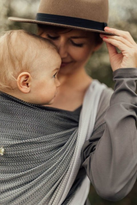 Chusta do noszenia dzieci, tkana splotem jodełkowym, bawełna - MAŁA JODEŁKA OMBRE RAGTIME - rozmiar XS