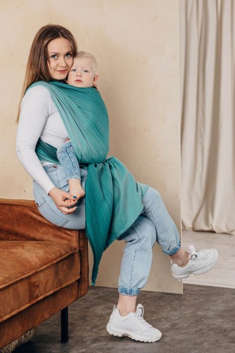 Chusta do noszenia dzieci, tkana splotem jodełkowym, bawełna - MAŁA JODEŁKA OMBRE ZIELEŃ - rozmiar XS