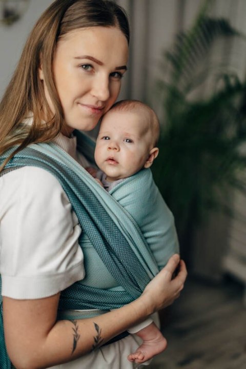 Moja pierwsza chusta do noszenia dzieci, tkana splotem jodełkowym, bawełna - MAŁA JODEŁKA BABY MINT - rozmiar XL