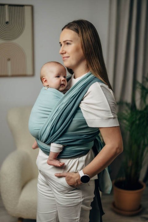 Moja pierwsza chusta do noszenia dzieci, tkana splotem jodełkowym, bawełna - MAŁA JODEŁKA BABY MINT - rozmiar XS
