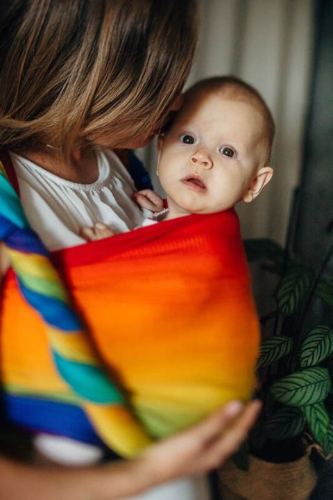 Żakardowa chusta do noszenia dzieci, bawełna - TĘCZOWE DZIECKO - rozmiar XS (drugi gatunek)