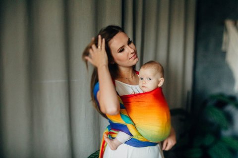 Żakardowa chusta do noszenia dzieci, bawełna - TĘCZOWE DZIECKO - rozmiar XS (drugi gatunek)