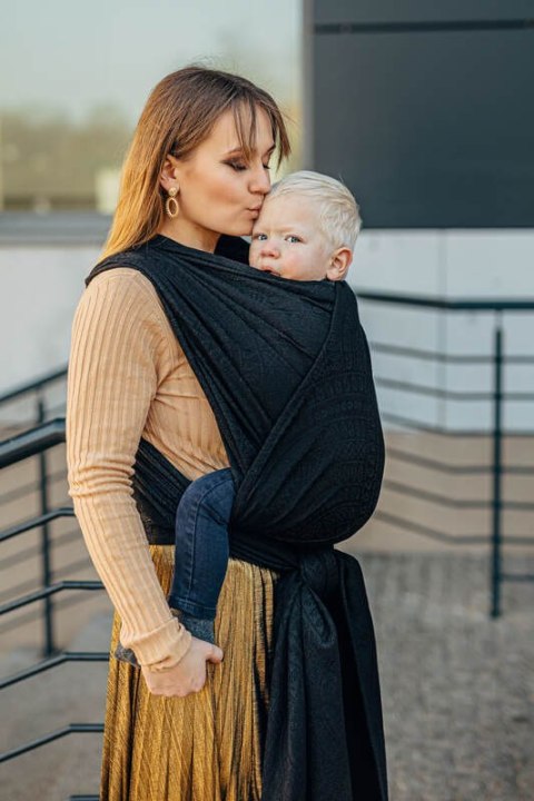 Żakardowa chusta do noszenia dzieci, 59% bawełna, 41% wełna merino - PAWI OGON - PITCH BLACK - rozmiar M