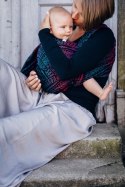 Żakardowa chusta do noszenia dzieci, 60% bawełna, 28% wełna merino, 8% jedwab, 4% kaszmir - PAWI OGON - CZARNY OPAL - rozmiar L