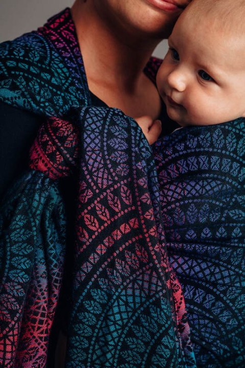 Żakardowa chusta do noszenia dzieci, 60% bawełna, 28% wełna merino, 8% jedwab, 4% kaszmir - PAWI OGON - CZARNY OPAL - rozmiar S