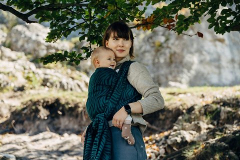 Żakardowa chusta do noszenia dzieci (63% bawełna, 37% wełna merino) - ZEBRA - SAVANNA - rozmiar S