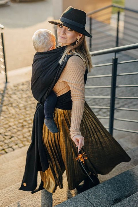 Żakardowa chusta do noszenia dzieci, 59% bawełna, 41% wełna merino - PAWI OGON - PITCH BLACK - rozmiar XS