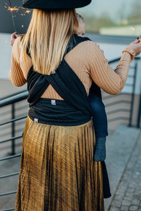 Żakardowa chusta do noszenia dzieci, 59% bawełna, 41% wełna merino - PAWI OGON - PITCH BLACK - rozmiar XS