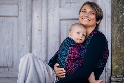 Żakardowa chusta do noszenia dzieci, 60% bawełna, 28% wełna merino, 8% jedwab, 4% kaszmir - PAWI OGON - CZARNY OPAL - rozmiar XL