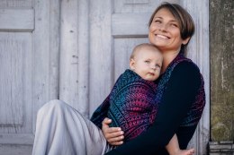 Żakardowa chusta do noszenia dzieci, 60% bawełna, 28% wełna merino, 8% jedwab, 4% kaszmir - PAWI OGON - CZARNY OPAL - rozmiar XS