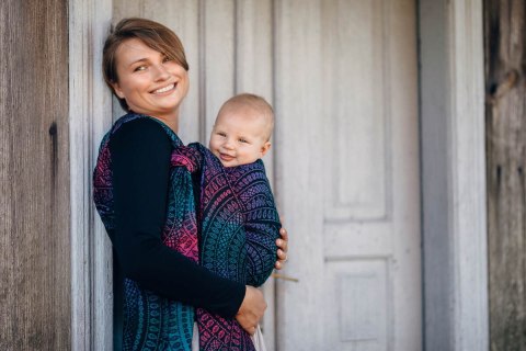 Żakardowa chusta do noszenia dzieci, 60% bawełna, 28% wełna merino, 8% jedwab, 4% kaszmir - PAWI OGON - CZARNY OPAL - rozmiar XS