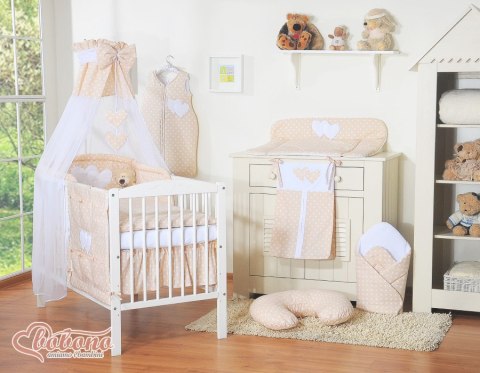 Bobono Baldachim z tiulu- Serduszka białe grochy na beżu