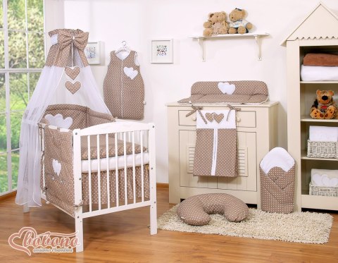 Bobono Baldachim z tiulu- Serduszka białe grochy na brązie