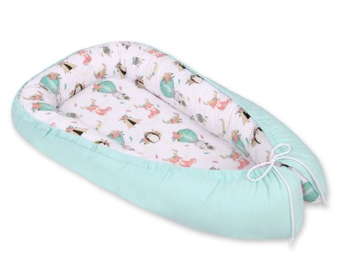 Bobono Kokon niemowlęcy dwustronny kojec otulacz Premium BOBONO- beżowe liski/jasna mięta