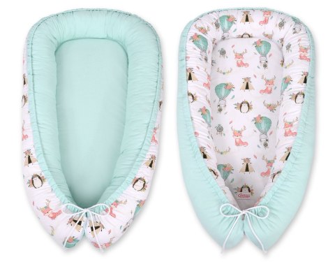 Bobono Kokon niemowlęcy dwustronny kojec otulacz Premium BOBONO- beżowe liski/jasna mięta