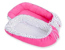 Bobono Kokon niemowlęcy dwustronny kojec otulacz Premium BOBONO- czarne grochy/ ciemny róż