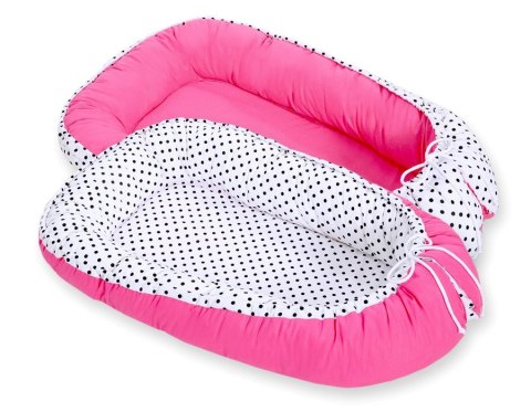 Bobono Kokon niemowlęcy dwustronny kojec otulacz Premium BOBONO- czarne grochy/ ciemny róż