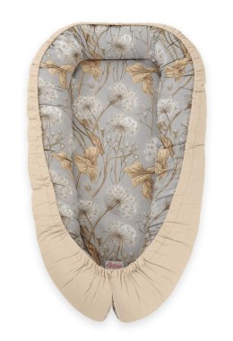 Bobono Kokon niemowlęcy dwustronny kojec otulacz Premium BOBONO- dmuchawce na szarości/ beż