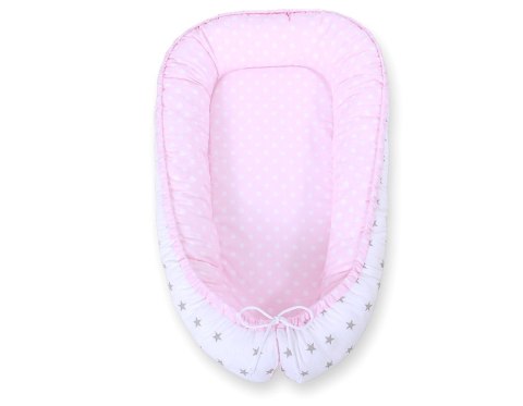 Bobono Kokon niemowlęcy dwustronny kojec otulacz Premium BOBONO- grochy na różu/ szare gwiazdki